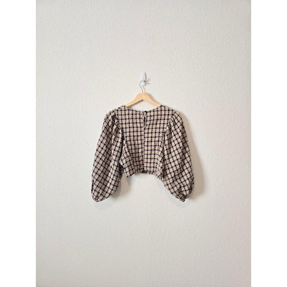 NEW Hyfve Neutral Checkered Puff Sleeve Crop Top S - Picture 5 of 8